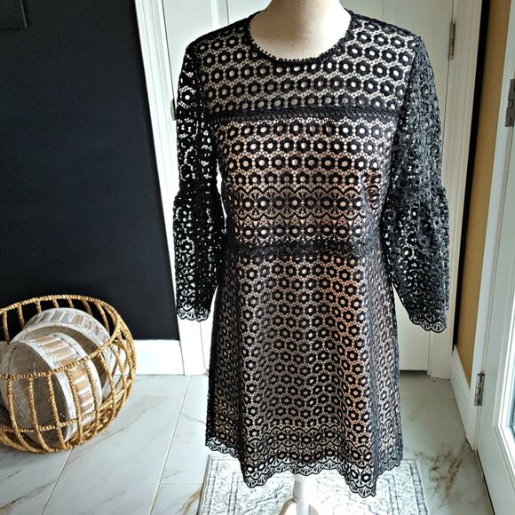 J. CREW BELL Sleeve DAISY Lace SHEATH Dress BLACK/NUDE - Picture 2 of 10